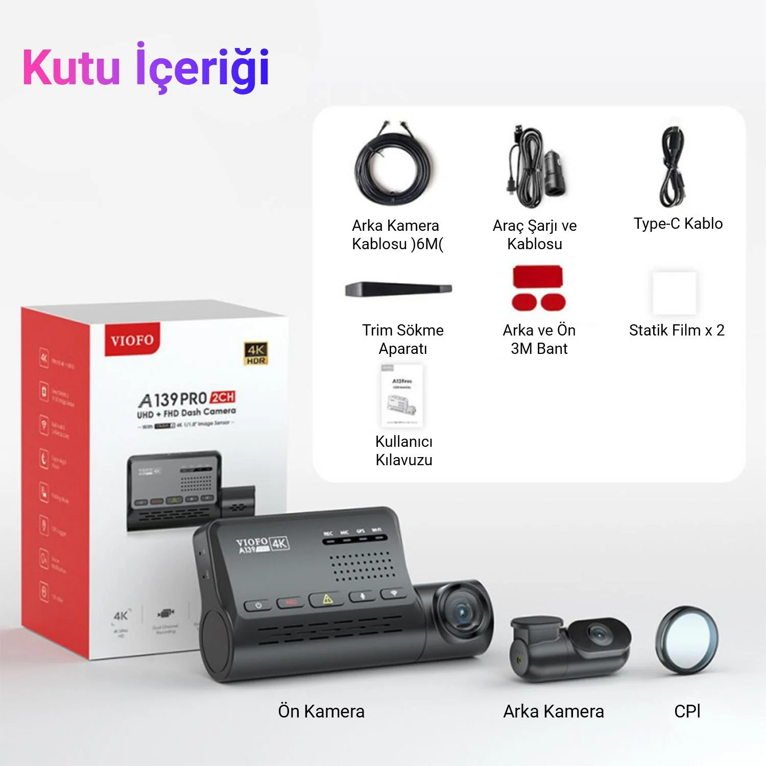 Viofo A139 Pro 2 Kameralı Ön-Arka 4K HDR 5GHz WiFi GPS'li Araç